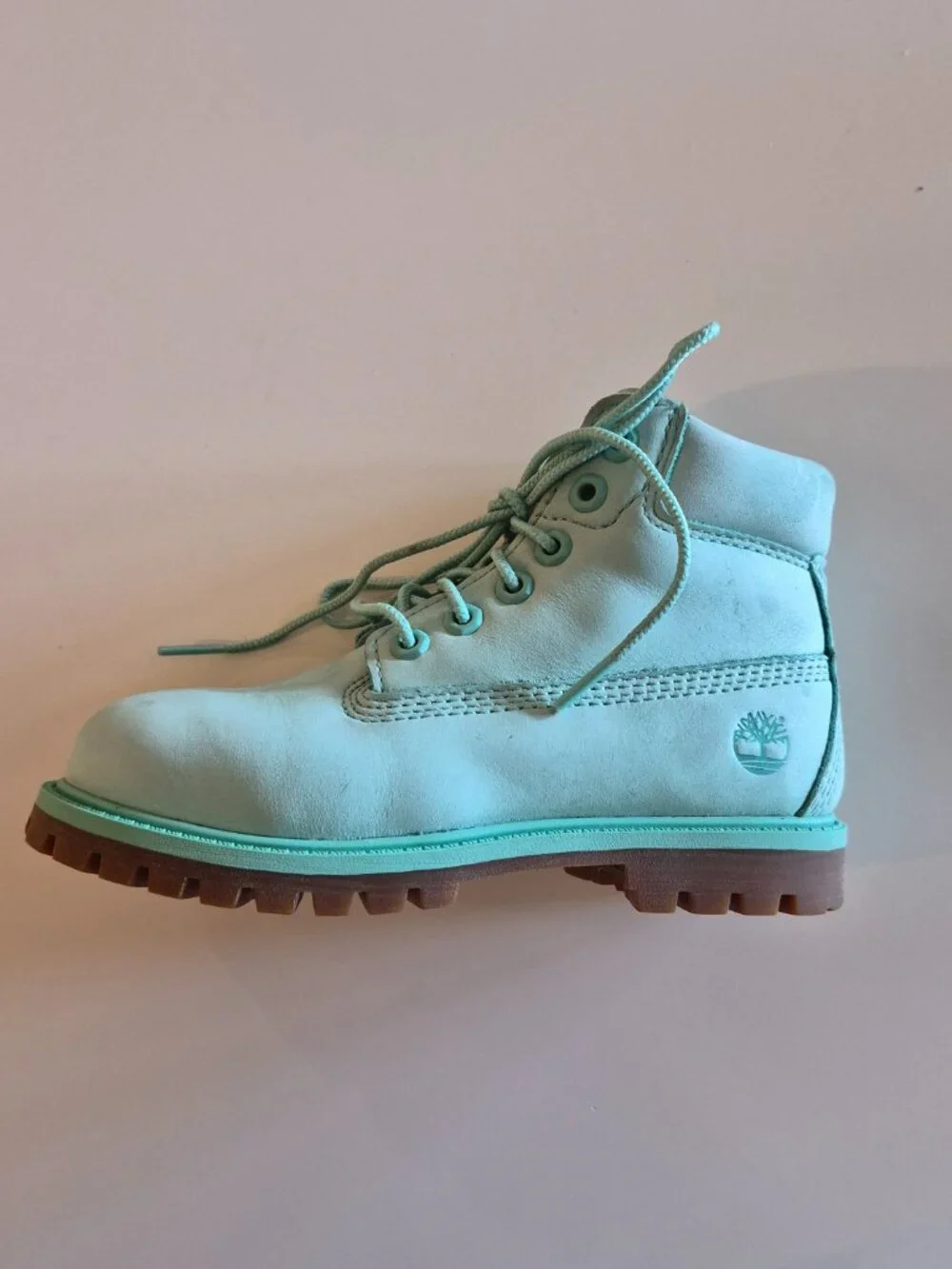 Timberland Kids 6 Inch Premium Waterproof Boots Size 12 Aqua Mint Nubuck